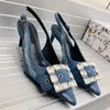 Denim Bule Sandalen Ontwerper damesschoenen Platform hakken Gesloten teen Strass gesp Versieringen Spitse rugband 65 mm Kitten Heel Sandalen 35-42