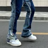 Heren Jeans Vintage Distressed Splash Ink Flare Mens Streetwear Patchwork Hip Hop Graffiti Heavy Wash Blue Slim Fit Denim Broek Heren 230804