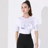 Traje de palco 2023 feminino dança latina top costura frontal com decote em v gaze babados trajes de salão feminino camisa de manga curta branca de uma peça