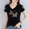 Kvinnors T-skjortor Vetement Femme Black T-shirt Kvinnlig Rhinestone Summer Print Tops Plus Size Xxxxl Diamond Tshirts Woman Tee Poleras Mujer