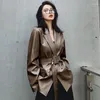 Women's Leather Sheepskin Jacket Woman 2023 Spring Korean Medium And Long Lace-up Belt Sleeve Suit Genuine Coat Office Lady