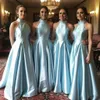 Sexy Light Sky Blue Plus Size A Line Bridesmaid Dresses Satin Backless High Jewel Neck Sweep Train Wedding Guest Dress Maid of Honor Gowns Formal Dress Custom