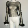 Arbeitskleider Bling Diamond Festival Rave Feather Langarmshirt Tops Sexy Maxirock Luxus Abend Cocktail Party Damen Outfits