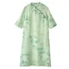 Roupas étnicas femininas plus size meia manga cheongsam algodão vintage verão solto vestido evasê estilo chinês trajes vestidos verdes