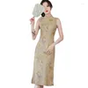 Vêtements ethniques 2023 été Imitation Ramie double couche impression mi-longue sans manches Cheongsam rétro amélioré Qipao pour jeune fille