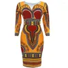 민족 의류 Dashiki 아프리카 드레스 여성 3/4 슬리브 V 목 무릎 길이 로브 패션 프린트 캐주얼 사무실 레이디 연필 드레스 2023