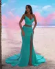 Bling Bling Plus La Taille Sirène Robes De Bal Longues Pour Femmes Satin Chérie Drapé Plis Haut Côté Split Tenue De Cérémonie Anniversaire Pageant Deuxième Réception Robes De Fête