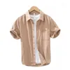 Mannen Casual Shirts Morandi Kleur Shirt Met Korte Mouwen Voor Mannen Zomer Twill Puur Katoen Japanse Vintage Geborduurde Halve Mouw