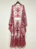 Casual Dresses Designer Inspired Fashion Women Fuchsia Printed Silk Maxi Dress With Batwing Sleeve Elegant Party Hooliday Red Long 2023