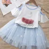 Kläderuppsättningar 2021 Summer Girls 'Clothing Sets Denim Flower Embroidered Lapel Topnet garn kjol 2st.