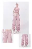 Pantalons pour femmes s 2023 Casual Summer Salopettes Pantalons American Loose Girl Women Pocket Asymmetry Plissé Pink Sweatpants 230804