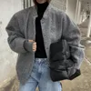 QNPQYX Neue Bombers Grau Jacken Mantel Frauen Casual Mit Knopf Solide Langarm Top Mantel Frau Lose Winter Warme Jacken outwear