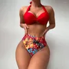 Kadın Mayo 1 Set Mayo Kıyafet Enfes Desen Desen Yastıklı Ukmating High Cut Kadınlar Push-Up Halter Bikini Çiçek Basılı Basılı