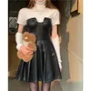 Robes de travail Harajuku Pu cuir robe sans bretelles pour les femmes printemps été Chic noir une ligne Mini dame haute rue taille mince