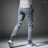 Herren Jeans Herren Frühling und Sommer Slim Stretch Hose Seite mit Schnalle graue Hose