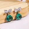 Brincos pendentes moda 925 agulha de prata coração gota de pedra verde adorável laço strass orelha brinco para mulheres joias para festa de casamento