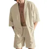 Heren Trainingspakken Zomer Strandkleding Mannen Katoen Linnen 2 Delige Set Effen Kleur Halve Mouw Knopen Shirts Shorts Losse Hawaiiaanse Outfits