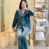 Women's Sleepwear Female Velvet Pajamas Set Autumn Winter Nightwear Sexy Pink V-Neck Lace Trim Trouser Suits Loose Velour Home Wear