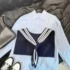 Small Cloak Shoulder Pocket Vertical Stripe Shirt Women's Spring/Summer 2023 New POLO Collar Lap Shoulder Navy Style Long Sleeve