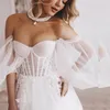 Sweetheart Bodice Corset Wedding Dress Split Open Cut Wedding Dresses With Ta bort Bishop Sleeve Western Country Beach Brudklänning