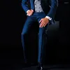 Trajes de hombre de 3 piezas, esmoquin para novio para boda, azul marino, corte entallado para hombre con solapa con muescas, chaqueta de moda para hombre, pantalones con chaleco gris