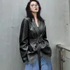 Women's Leather Sheepskin Jacket Woman 2023 Spring Korean Medium And Long Lace-up Belt Sleeve Suit Genuine Coat Office Lady