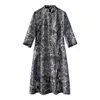 Casual Dresses Shuchan Indie Folk Print Dress for Women Ramie A-Line dragkedja knälängd Mandarin Collar Summer