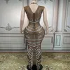 Scen Wear Brown Perspective Shining Rhinestones Pearls Sexig ärmlös lång klänning för kvinnor Evening Celebrity Singer Costumes295p