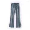 Jeans pour femmes simple boutonnage taille haute évasé automne mince longue botte coupe Denim pantalon dames Streetwear