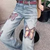 Women's Jeans Hollow Out Floor Mopping Embroidered Butterfly Baggy Pants Y2k Grunge Low Waist Cargo Pantalones De Mujer