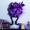 Flores decorativas Halloween LED Guirlanda de bruxa para porta da frente com decoração de malha de perna para interiores e exteriores