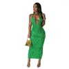 Casual Jurken Effen Golf Ruches Halter Backless Maxi Feestjurk Vrouwen Elegante Sexy Diepe V-hals Bandage Bodycon Lange gewaad Clubwear