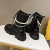 ブーツレザーレザーパールメタルチェーンデコレーションモダンオートバイブーティー女性冬の靴アウトドアフットウェア