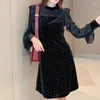 Casual Dresses Women Elegant Vintage Black Shiny Rhinestone Mesh Velvet Patchwork Mini Dress Flounces Long Sleeve High Neck Spring Short