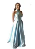 Sexy Light Sky Blue Plus Size A Line Bridesmaid Dresses Satin Backless High Jewel Neck Sweep Train Wedding Guest Dress Maid of Honor Gowns Formal Dress Custom