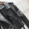 Kvinnorjackor Autumn Women Winter Faux Soft Leather Jackets Coats Lady Black Pu Rivet Zipper Epaulet 3D Print Motorcykel Streetwear 230803