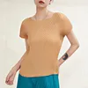 女性用Tシャツ夏Tシャツ女性45-75kg 2023丸い首のソリッドカラーストレッチルーズミヤプリーツトップ