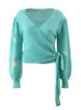 Maglieria da donna Foridol Mohair Duck Print lavorato a maglia turchese Fluffy Cozy Autumn Cardigan Maglione Mujer Tie Up Lantern Sleeve Crop Cardigan