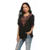 Damenblusen Eaeovni Sommer V-Ausschnitt Boho-Druck bestickte Hemden Kurzarm Casual Tops Bluse