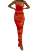 Robes Décontractées Wsevypo Tie-Dye Imprimé Ruché Maille Tube Robe Longue Femme Sans Manches Sans Bretelles Enveloppé Moulante Cocktail Party Clubwear