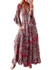 Robes Décontractées Femmes Robe Maxi Imprimé Floral Avec Manches À Volants Et Cordon De Serrage À La Taille - Élégant Col En V Boutonné Devant Bohemian A-Line Long