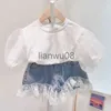 Kleidungssets Sommer Mädchen Kleidung Sets Koreanische Prinzessin Blase Ärmel Top Spitze Nähte Denim Shorts 2PCS Kinder Baby Kinder Kleidung Anzug x0803
