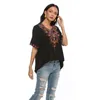 Damenblusen Eaeovni Sommer V-Ausschnitt Boho-Druck bestickte Hemden Kurzarm Casual Tops Bluse