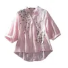 Chemisiers pour femmes Chemises Chemises en coton littéraire pour femmes Broderie Fleurs Femme Chemisiers Col en V Demi-manches Chemisiers en dentelle Été Mince Top Femme Chemise 230803