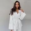 Vêtements de nuit pour femmes élégants pantalons blancs costumes évasés manches longues femmes pyjama maison costume lâche kimono robe ensembles pyjamas en satin avec un pantalon