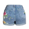 Jeans Femme Taille Plus Short en Denim Floral Brodé Extensible pour Femme