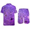 Men's Tracksuits Golden Star Men Sets Purple Sequins Print Casual Shirt Set Streetwear Beachwear Shorts Graphic Suit Two-piece Clothes Plus