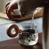 ワイングラスクリエイティブラウンド木製ハンドルフィルターティーカップグラスコーヒーカップマグ耐熱性テ​​ィーウォーターセパレーターフラワー