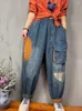 Kvinnors jeans sommar tvättade kläder kvinnor mode lös vintage denim byxor damer casual ficka lapptäcke klassisk elastisk harem byxor