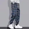 Men's Pants Harem Plaid Casual Man Korean Style Trend Polyester Harajuku Wrinkle Baggy Brown Cotton Trousers For Men